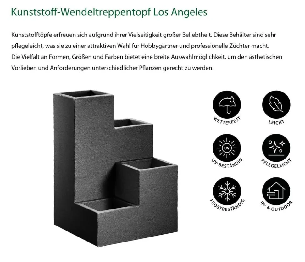 Dehner Kunststoff-Wendeltreppentopf Los Angeles, quadratisch, anthrazit, ca. B40/H60/T40 cm