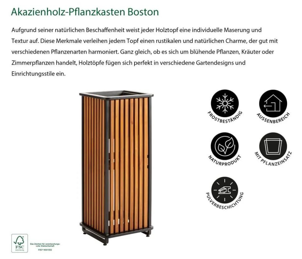 Dehner Akazienholz-Pflanzkasten Boston, quadratisch, ca. B33/H84/T33 cm