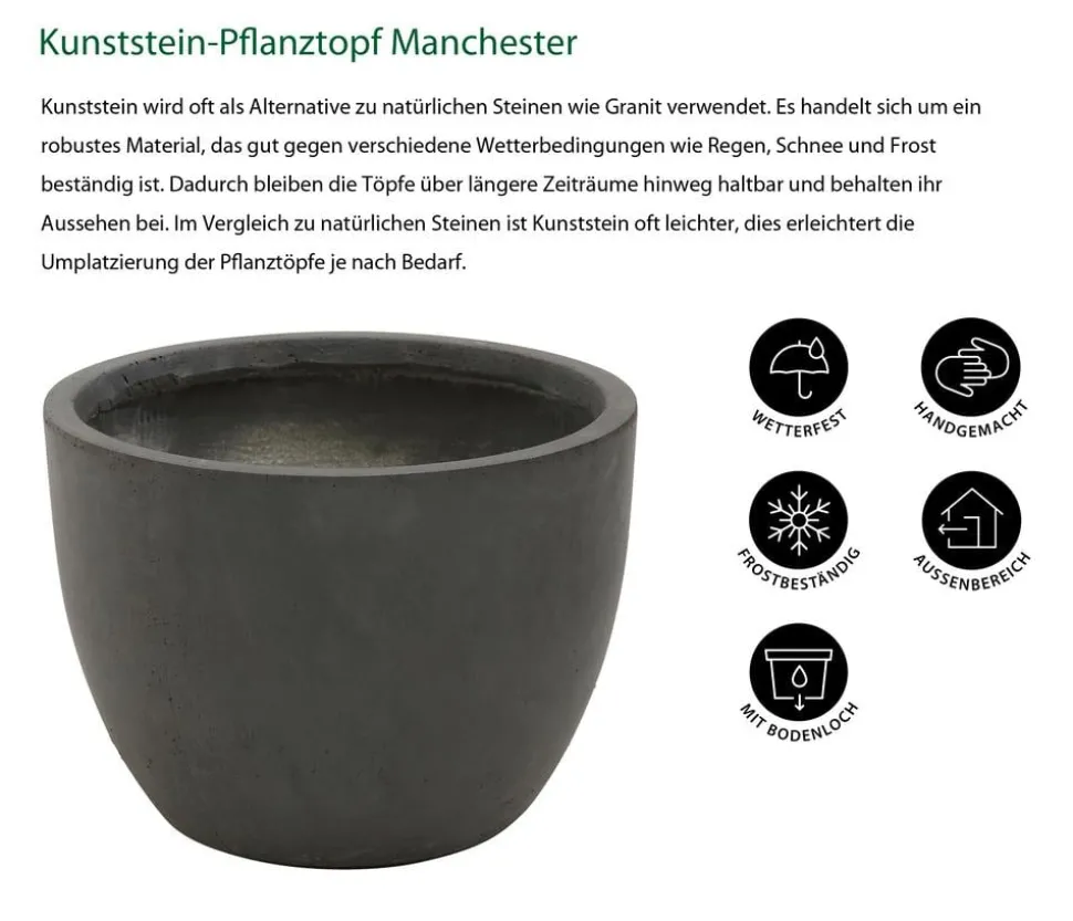 Dehner Kunststein-Pflanztopf Manchester, rund, antik-schwarz