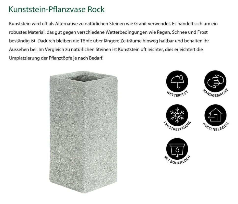 Dehner Kunststein-Pflanzvase Rock, quadratisch, grau