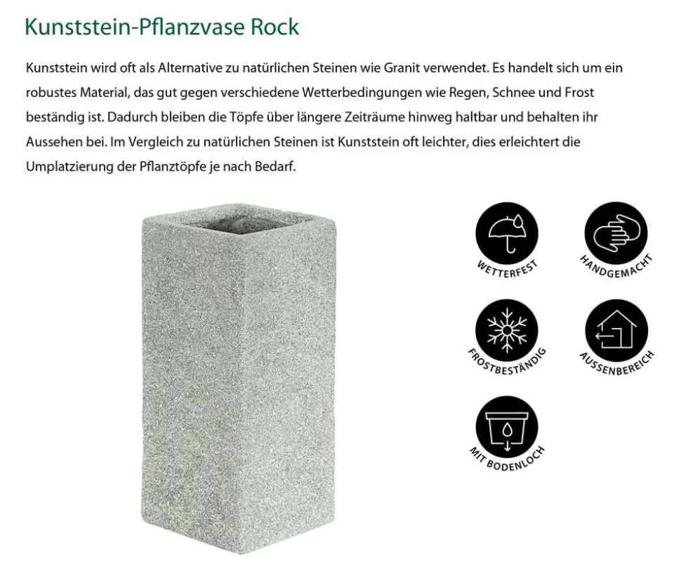 Dehner Kunststein-Pflanzvase Rock, quadratisch, grau