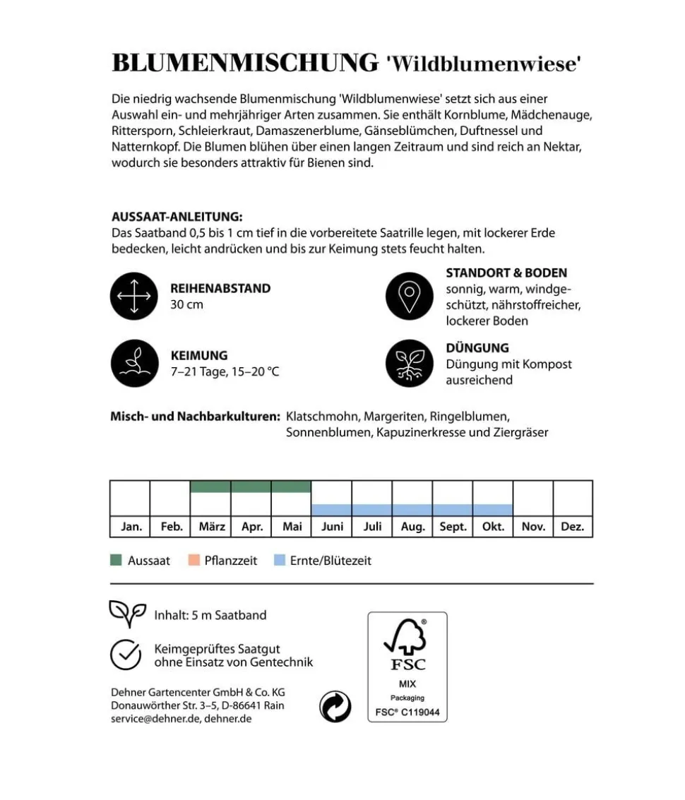 Dehner Saatband Blumenmischung 'Wildblumenwiese', L5 m