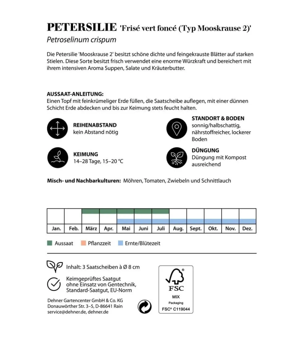 Dehner Saatscheiben Petersilie 'Frisé vert foncé (Typ Mooskrause 2)', 3 Stück à Ø 8 cm