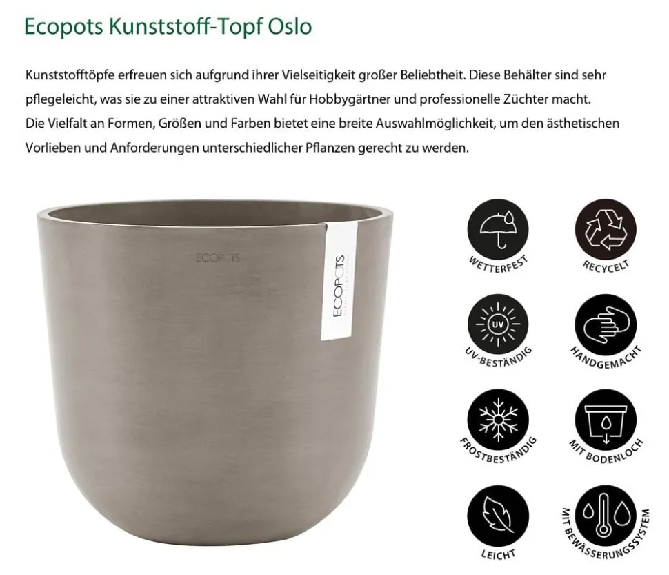 Ecopots Kunststoff-Topf Oslo mit Wassersystem, rund