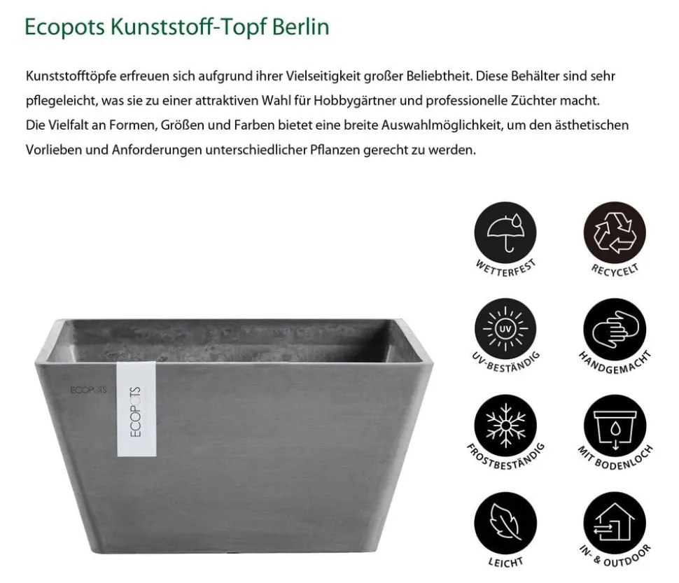 Ecopots Kunststoff-Topf Berlin, quadratisch