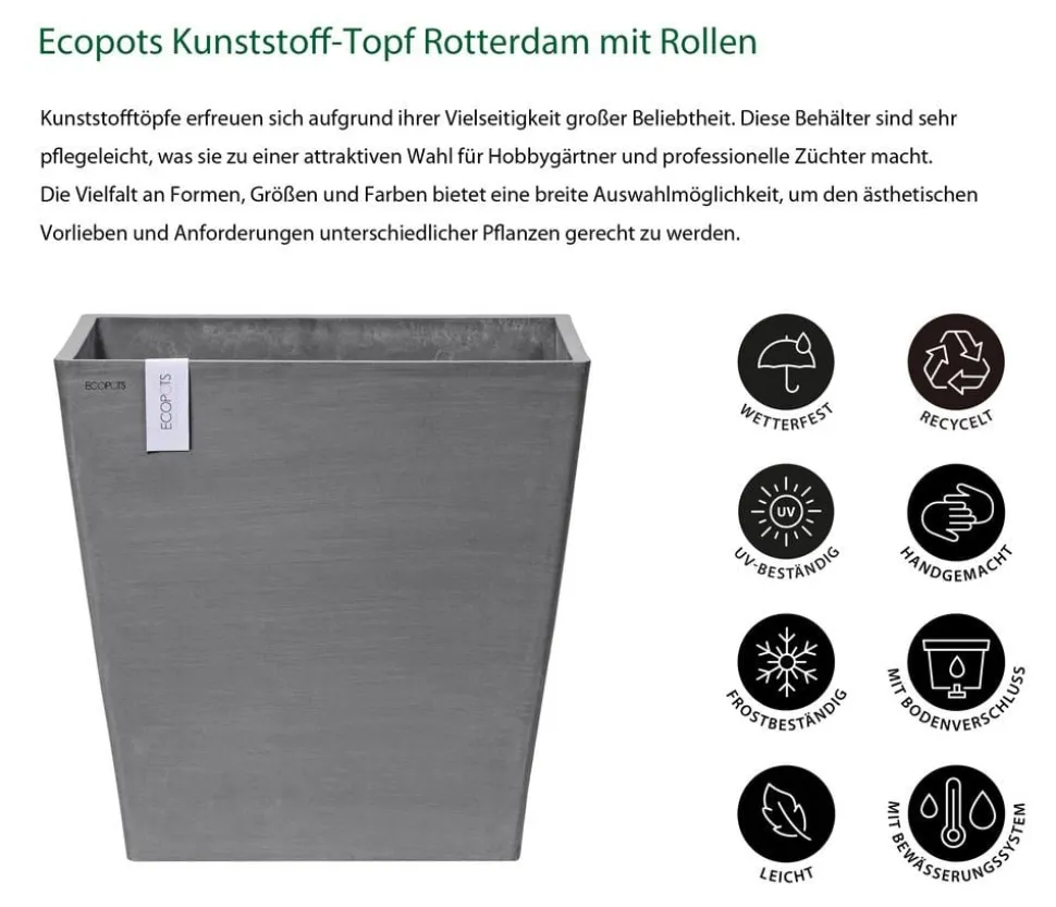 Ecopots Kunststoff-Topf Rotterdam mit Rollen und Wassersystem, quadratisch
