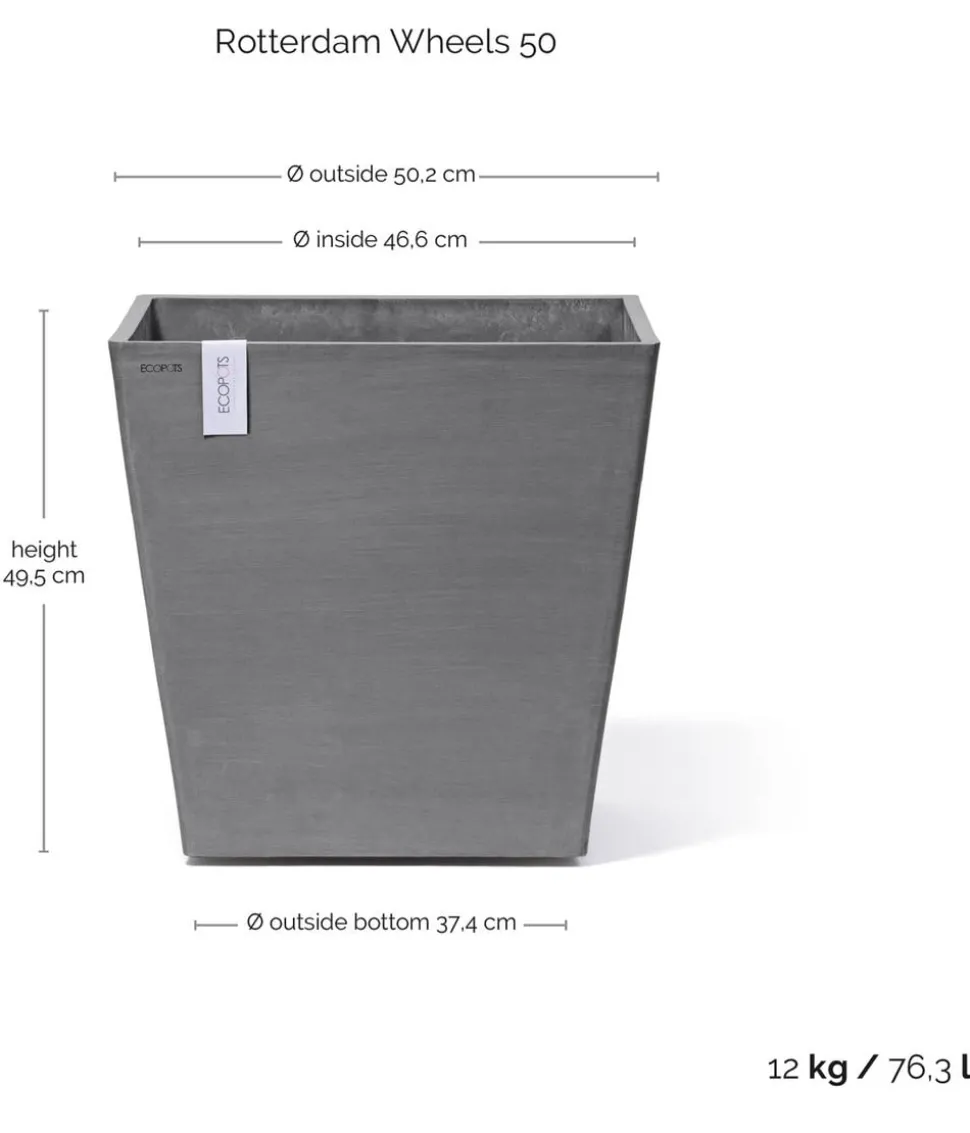 Ecopots Kunststoff-Topf Rotterdam mit Rollen und Wassersystem, quadratisch