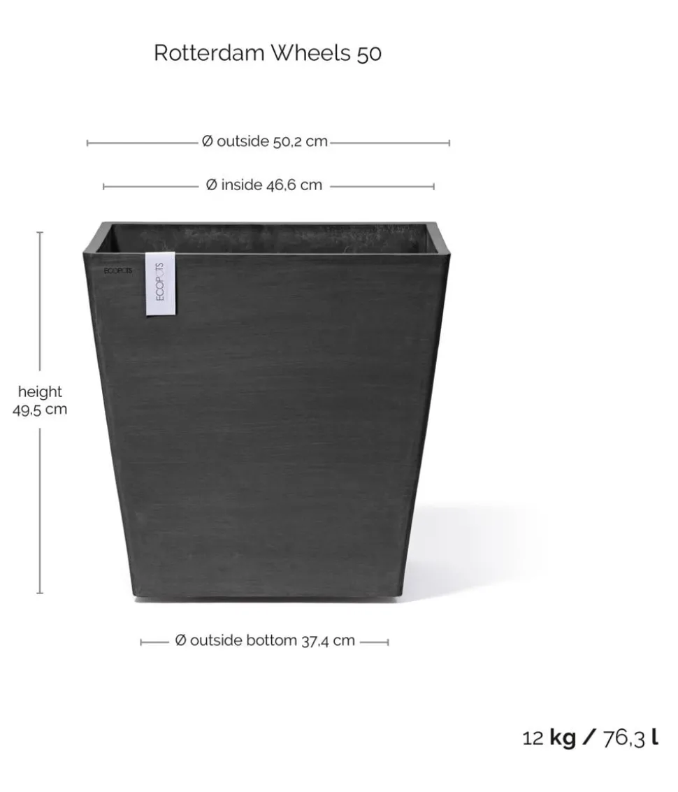 Ecopots Kunststoff-Topf Rotterdam mit Rollen und Wassersystem, quadratisch