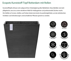 Ecopots Kunststoff-Topf Rotterdam mit Rollen und Wassersystem, quadratisch