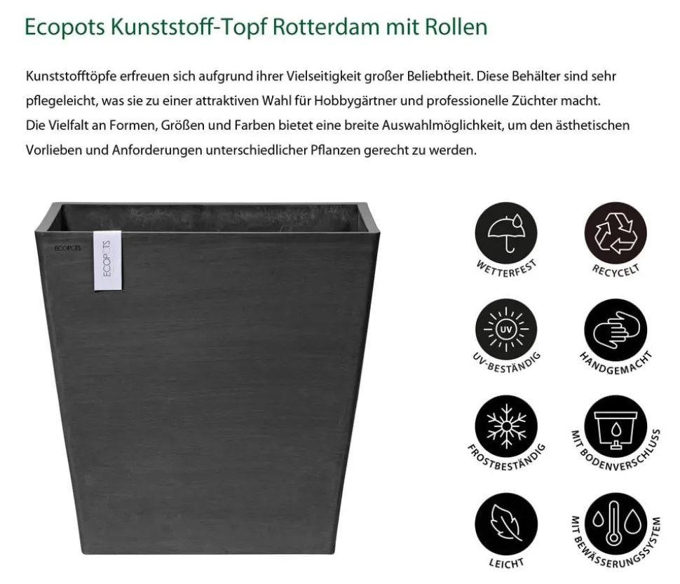 Ecopots Kunststoff-Topf Rotterdam mit Rollen und Wassersystem, quadratisch