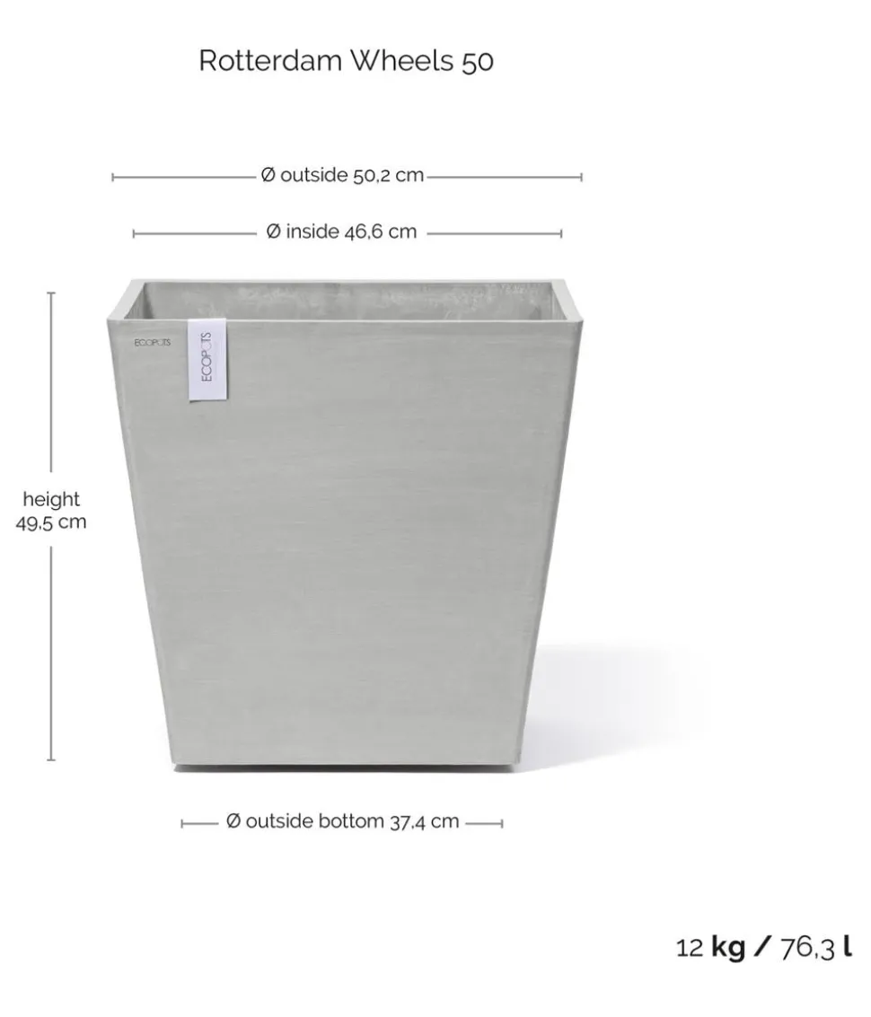 Ecopots Kunststoff-Topf Rotterdam mit Rollen und Wassersystem, quadratisch