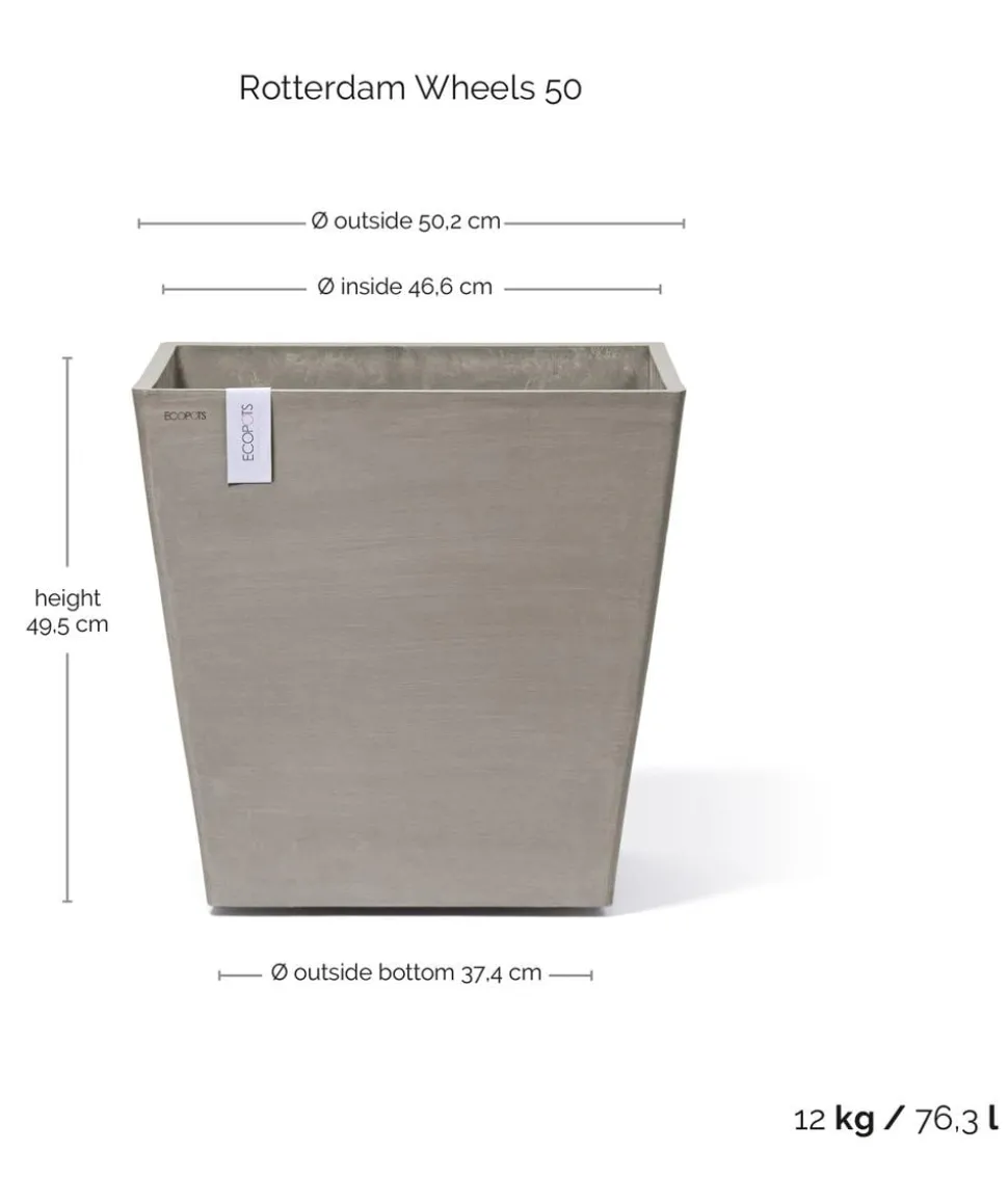 Ecopots Kunststoff-Topf Rotterdam mit Rollen und Wassersystem, quadratisch