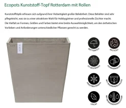 Ecopots Kunststoff-Topf Rotterdam mit Rollen und Wassersystem, quadratisch