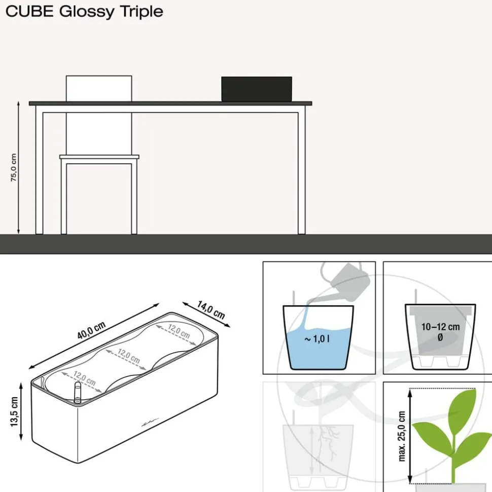 LECHUZA® CUBE Glossy Triple, All-in-One Set, 40 cm